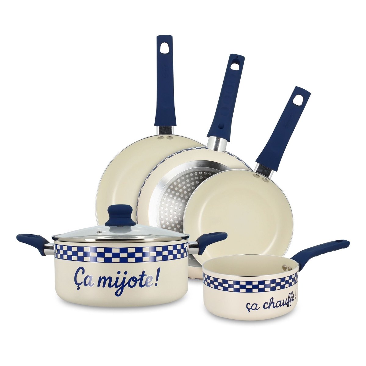 Lot de 5 pièces Ginette Menastyl en aluminium recyclé crème, 3 poêles et 1 casserole avec décor carreaux bleus et blancs