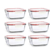 Six boîtes hermétiques rectangulaires Clémentine 800mL en verre transparent avec couvercles roses Menastyl, vue d'ensemble