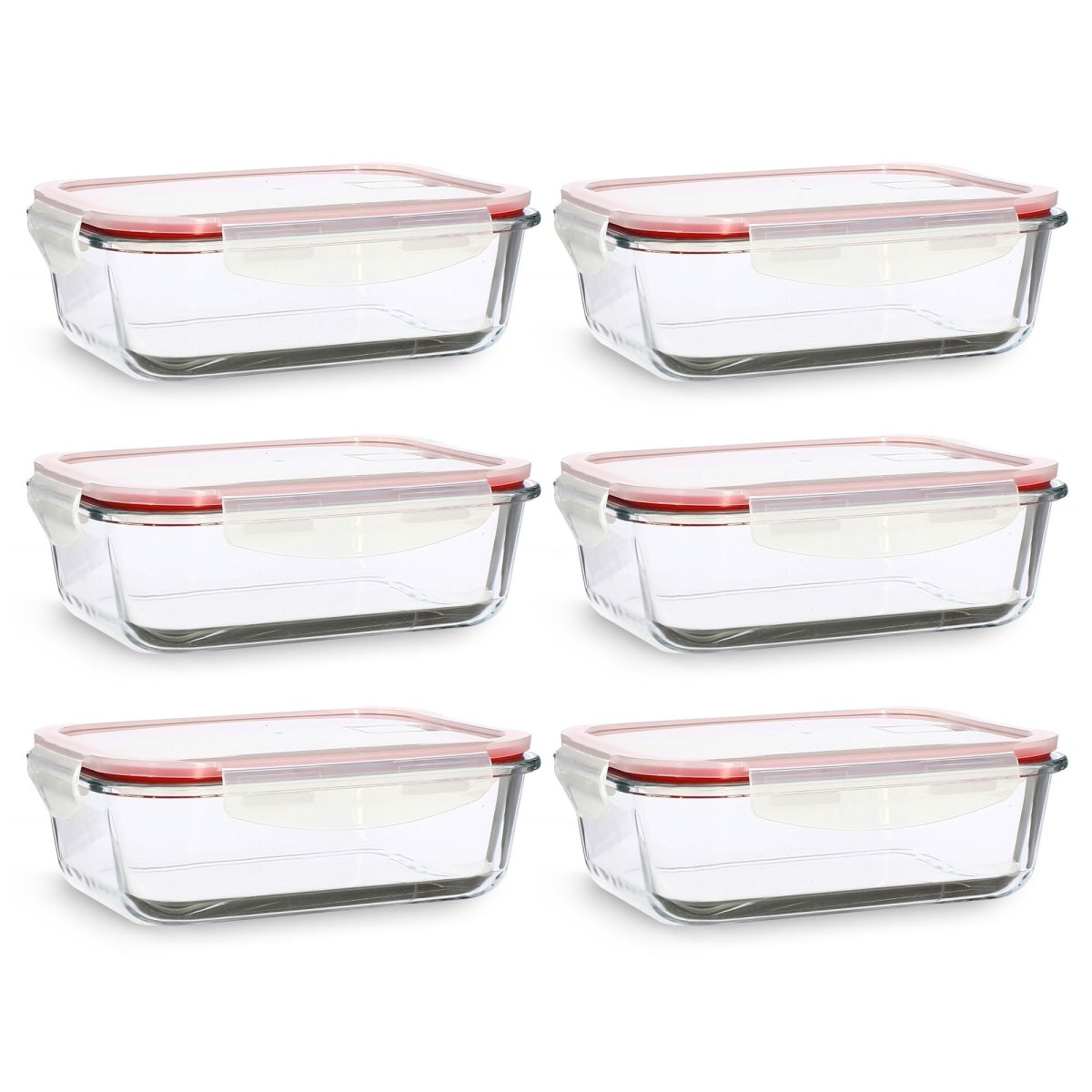 Lot de 6 boîtes hermétiques rectangulaires Clémentine 1040ml Menastyl en verre avec couvercle à clips rouges