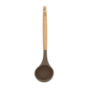 Louche Eliott Menastyl avec manche en bois naturel et tête en silicone marron, vue de face sur fond blanc