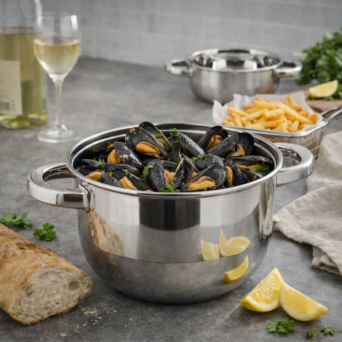 Marmite à moules 2.7l en acier inoxydable remplie de moules cuites, servie avec frites et vin blanc