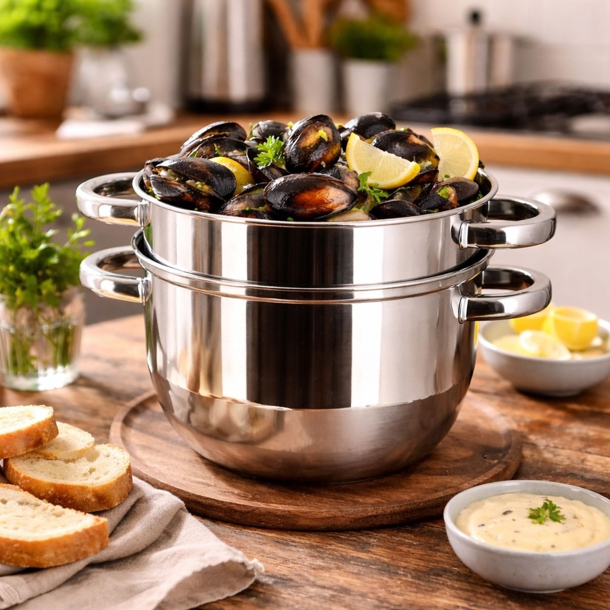 Marmite à moules en acier inoxydable empilable remplie de moules cuites, garnies de citron et persil sur planche bois