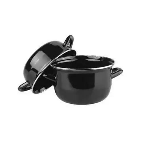 Marmite à moules en acier émaillé noir 18 cm avec couvercle, vue en perspective des deux éléments séparés