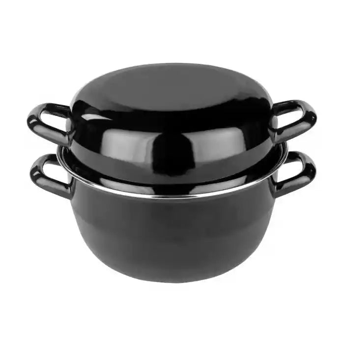 Marmite à moules en acier émaillé noir 18 cm avec couvercle et poignées, vue de trois quarts