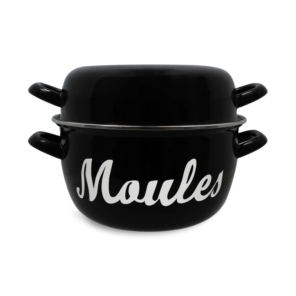 Marmite à moules noire en acier émaillé 18 cm Menastyl avec couvercle et poignées, inscription Moules blanche