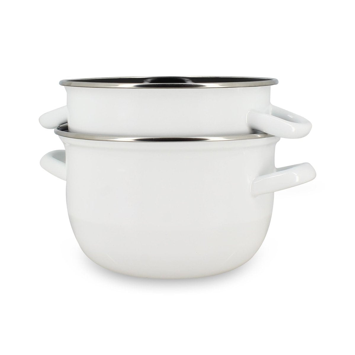 Vue empilée de deux marmites à moules en acier émaillé blanc 18 cm avec bords inox et anses latérales