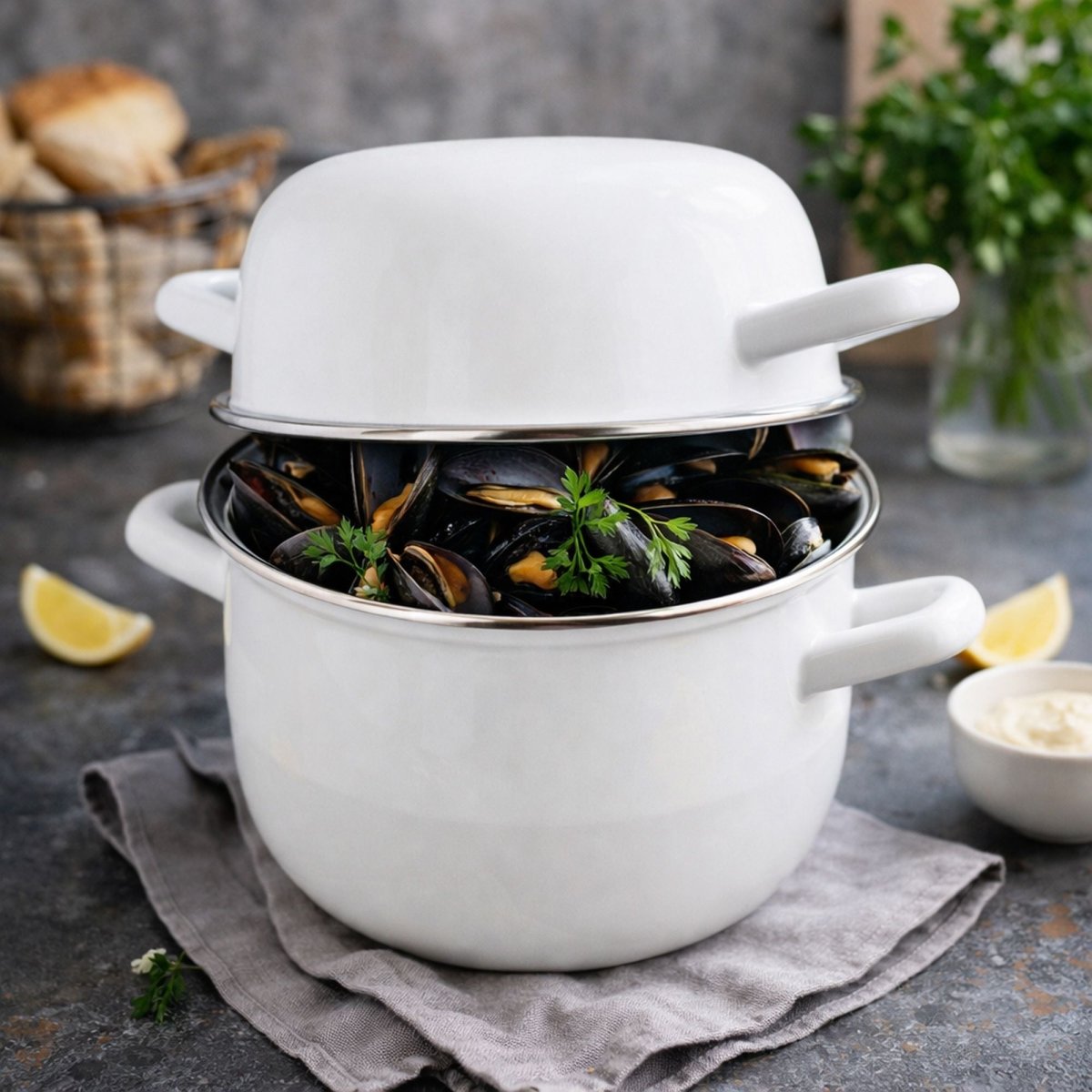 Marmite à moules en acier émaillé blanc ouverte avec moules cuites, garnies de persil, sur plan de travail gris