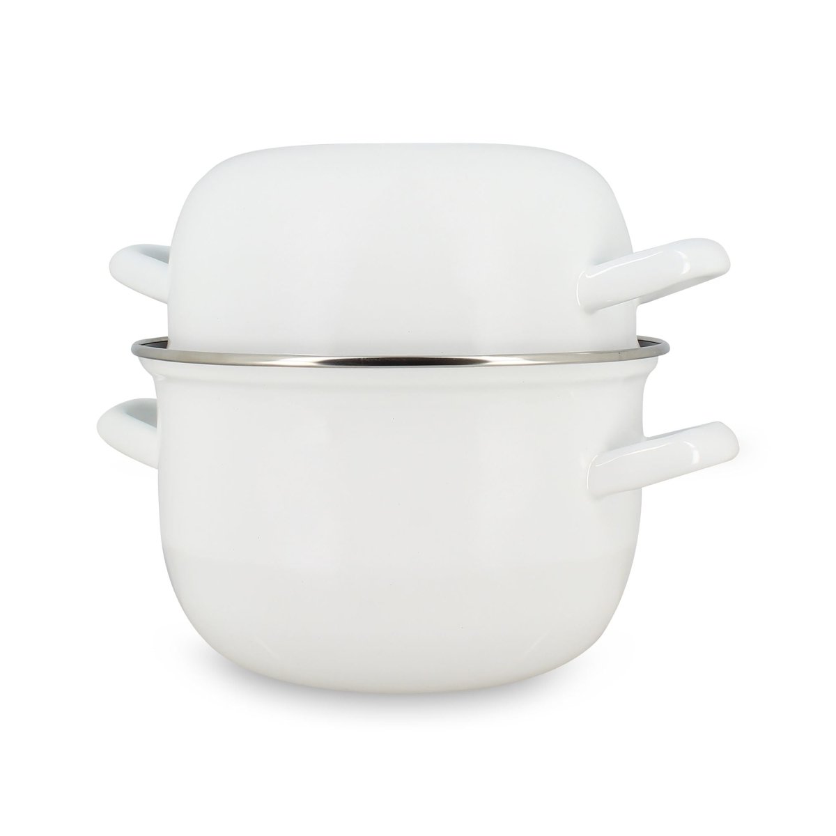 Marmite à moules en acier émaillé blanc 18 cm Menastyl avec couvercle, vue de face sur fond blanc