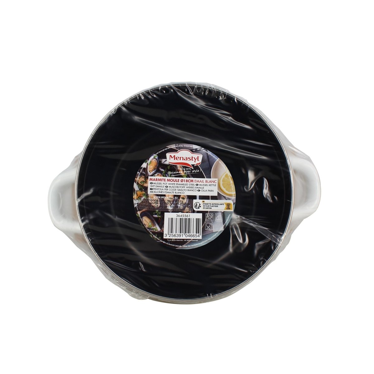 Vue de dessus marmite à moules 18cm en acier émaillé blanc, emballée avec étiquette produit visible