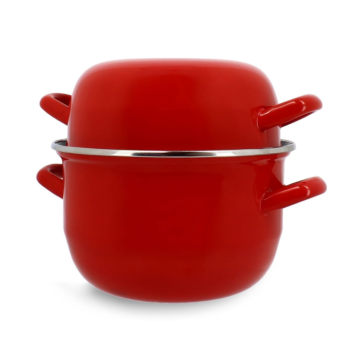 Marmite à moules en acier émaillé rouge 18 cm Menastyl avec couvercle réversible, vue de face sur fond blanc