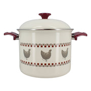 Marmite Gallina 24cm en acier émaillé crème avec décor poules et poignées bordeaux Menastyl, vue de face avec couvercle