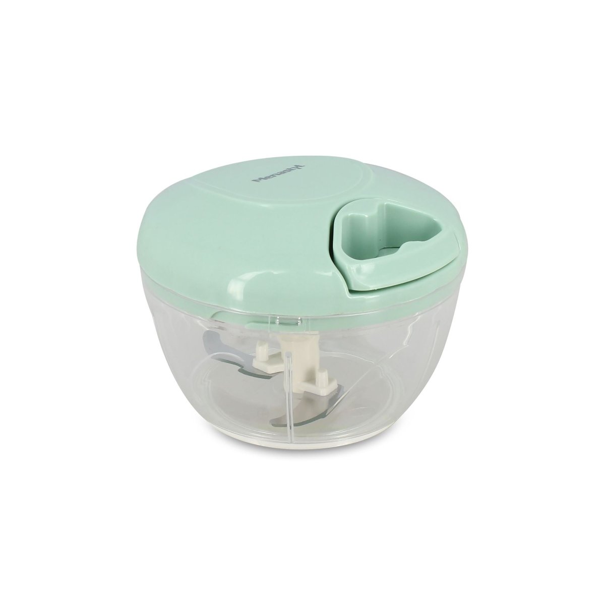 Mini hachoir rapide 50cl Menastyl avec couvercle vert menthe et bol transparent, vue de face sur fond blanc
