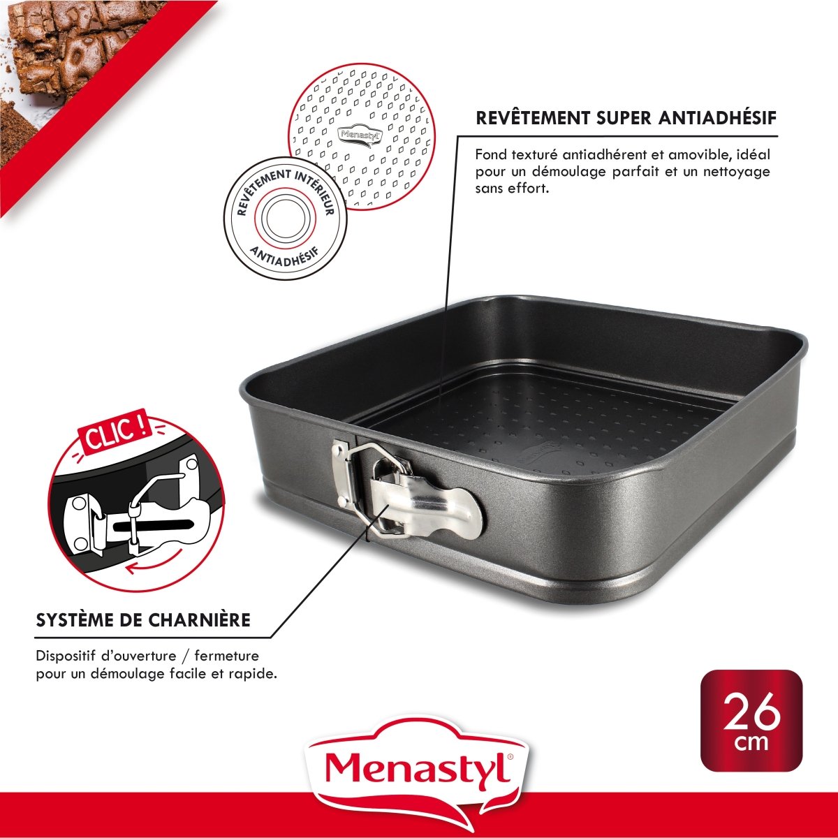Moule à charnière carré Amandine 26cm en acier avec revêtement antiadhésif et système de clip d'ouverture