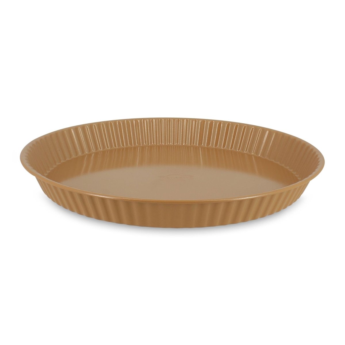 Moule à tarte rond 30cm Colorama noisette en acier carbone Menastyl, vue de trois-quarts, finition dorée striée