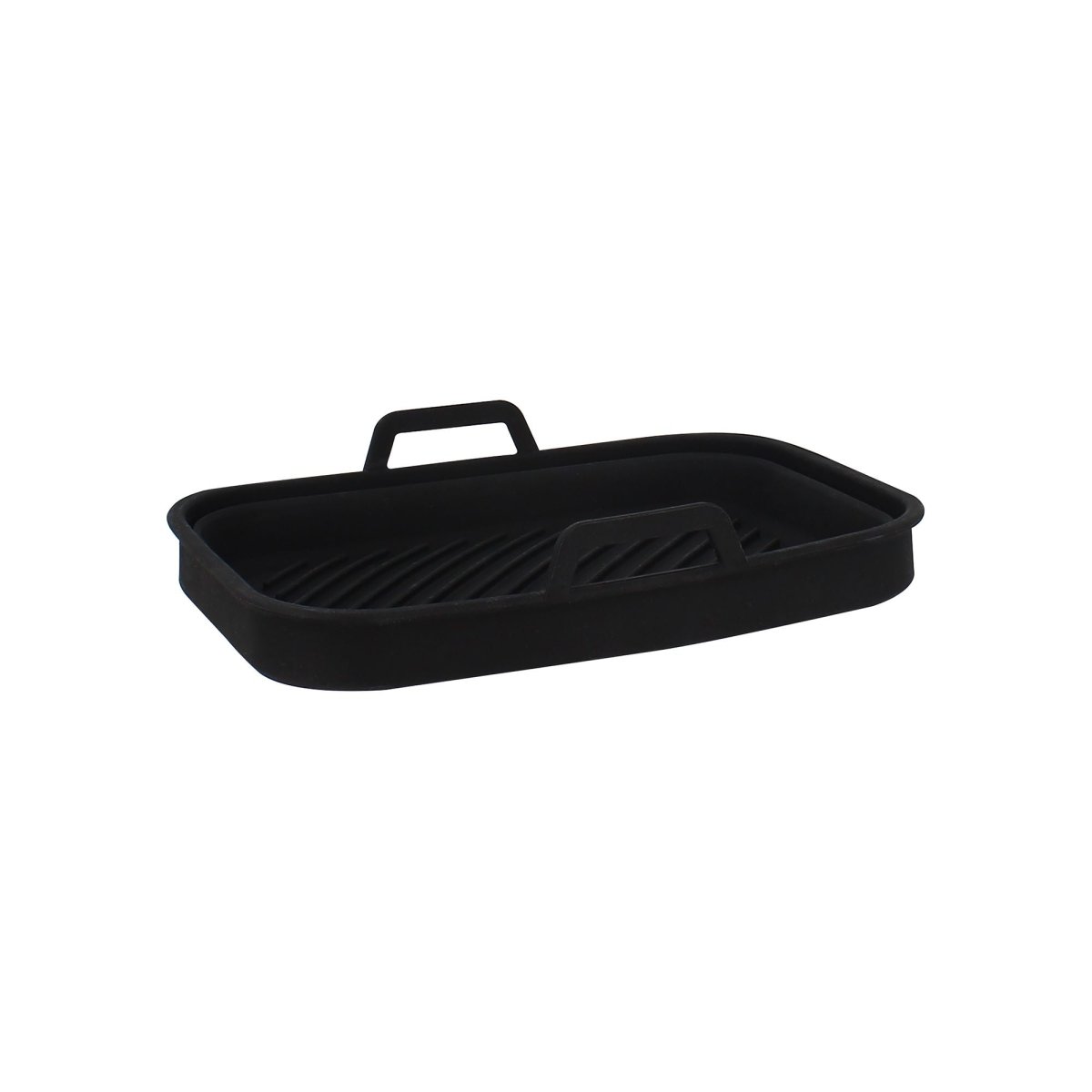 Moule rectangle en silicone noir 23x15 cm Menastyl pour friteuse à air, vue de trois-quarts avec insert grillé amovible