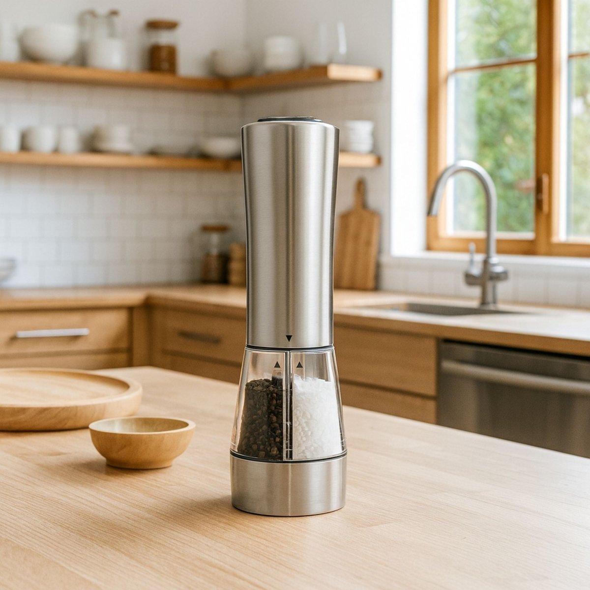 Moulin électrique 2 en 1 sel et poivre en acier inoxydable sur plan de travail bois clair dans cuisine moderne