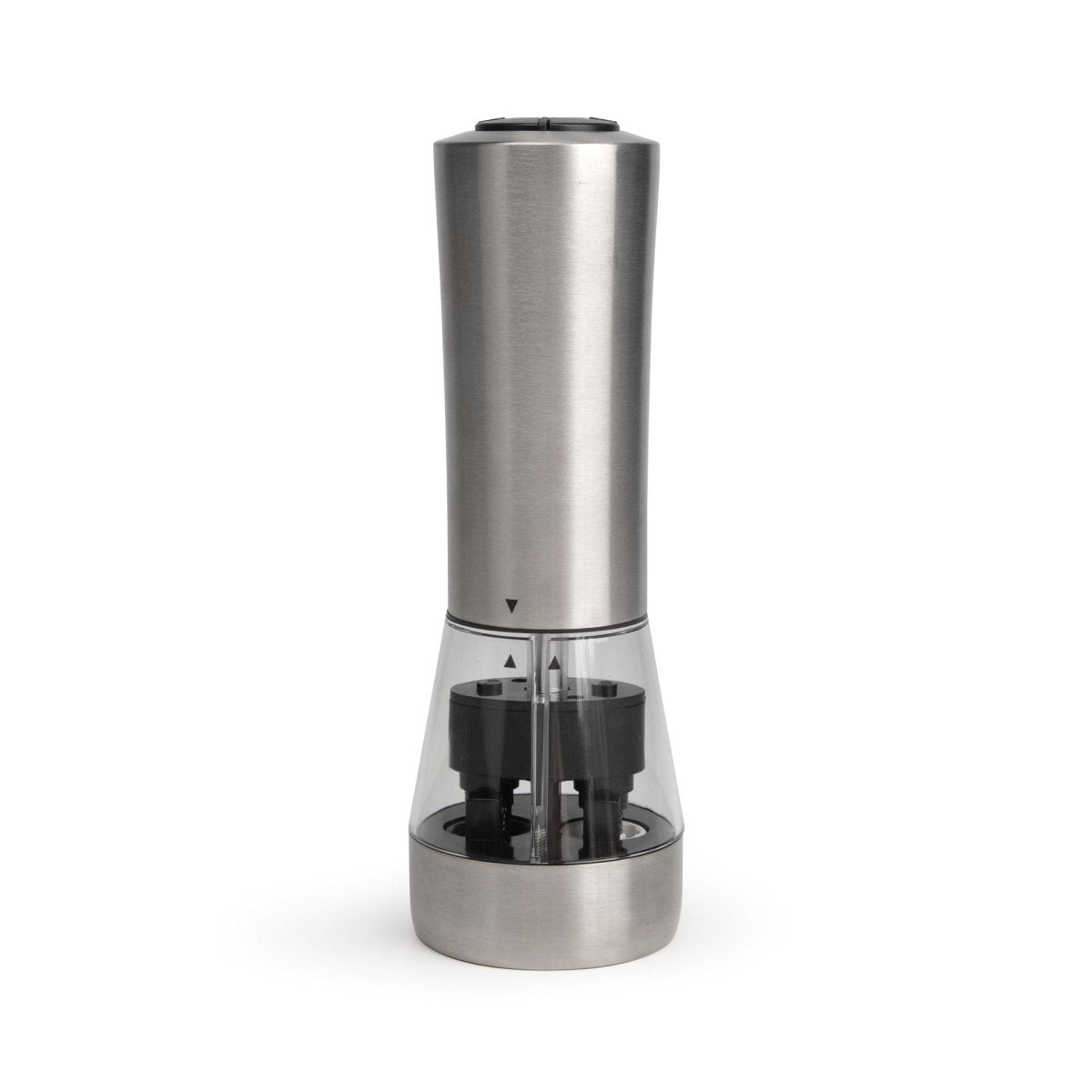 Moulin électrique 2 en 1 sel et poivre Menastyl en acier inoxydable brossé avec broyeur céramique, vue de face sur fond blanc