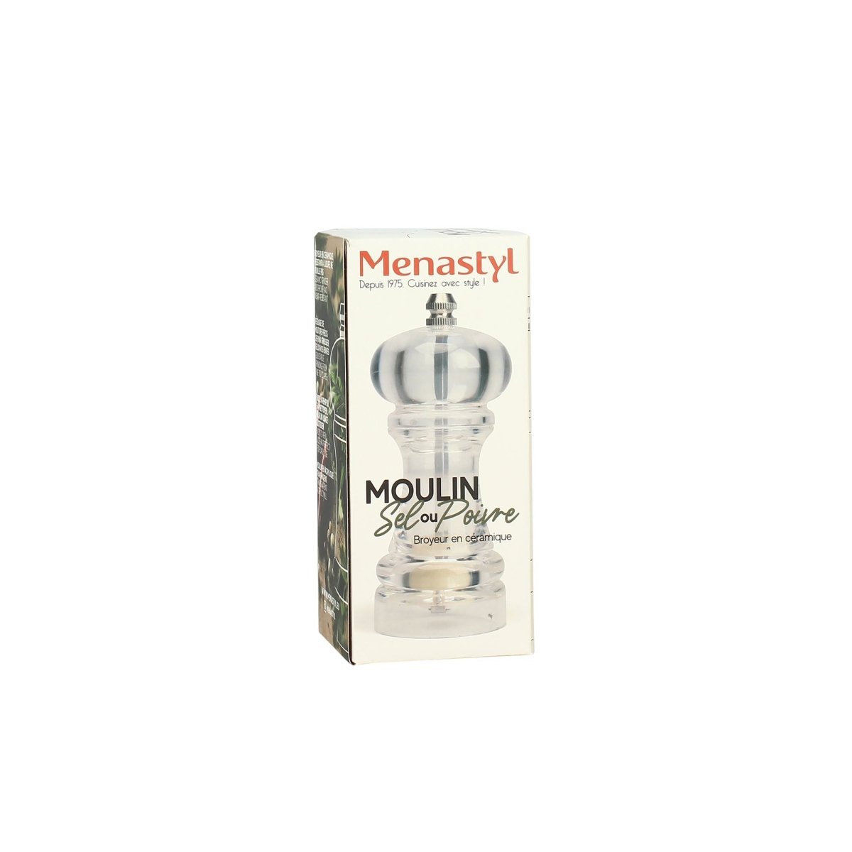 Packaging du moulin à sel ou poivre en acrylique transparent avec broyeur céramique, emballage Menastyl