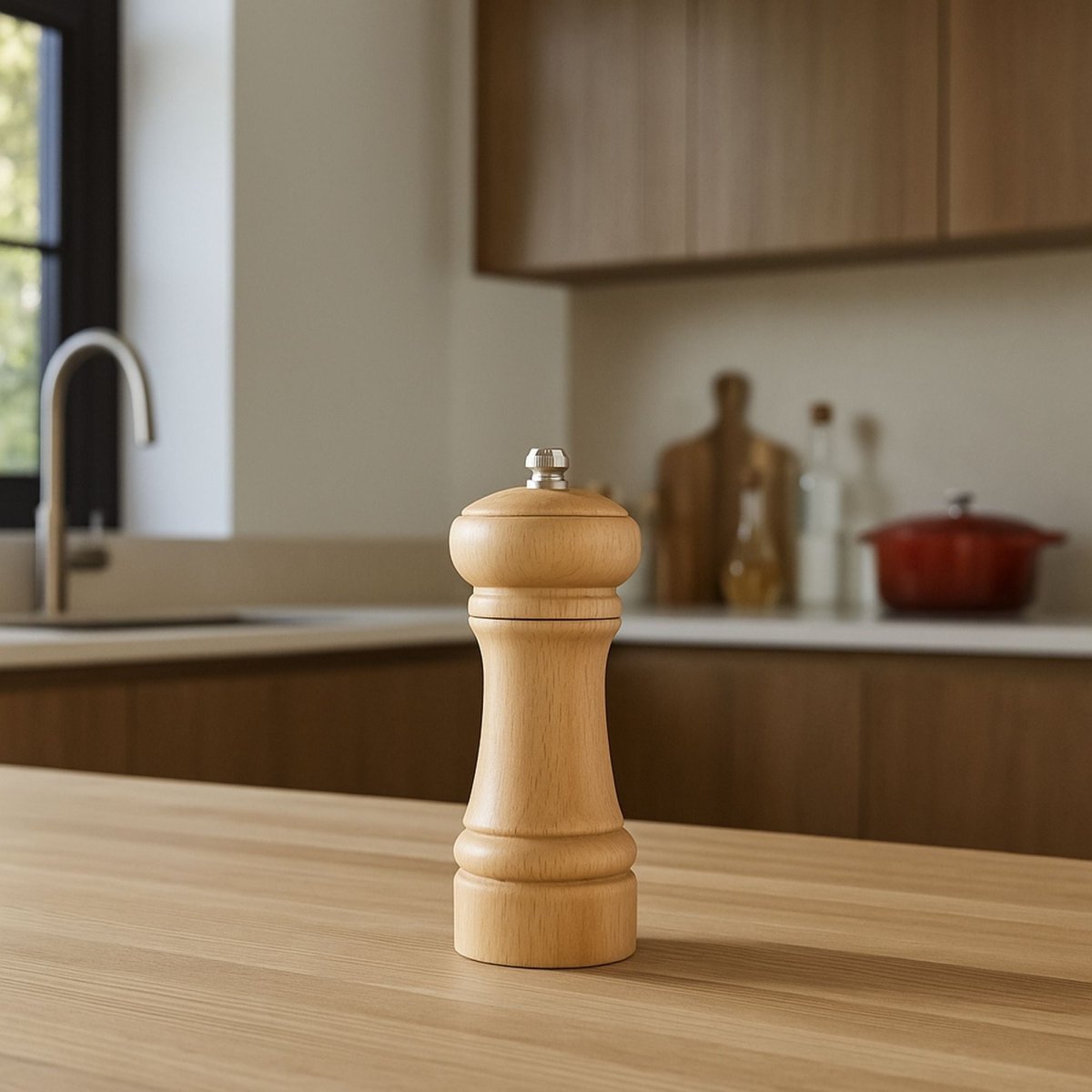 Moulin à sel ou poivre 14cm en bois de hêtre naturel avec broyeur céramique, posé sur table cuisine moderne