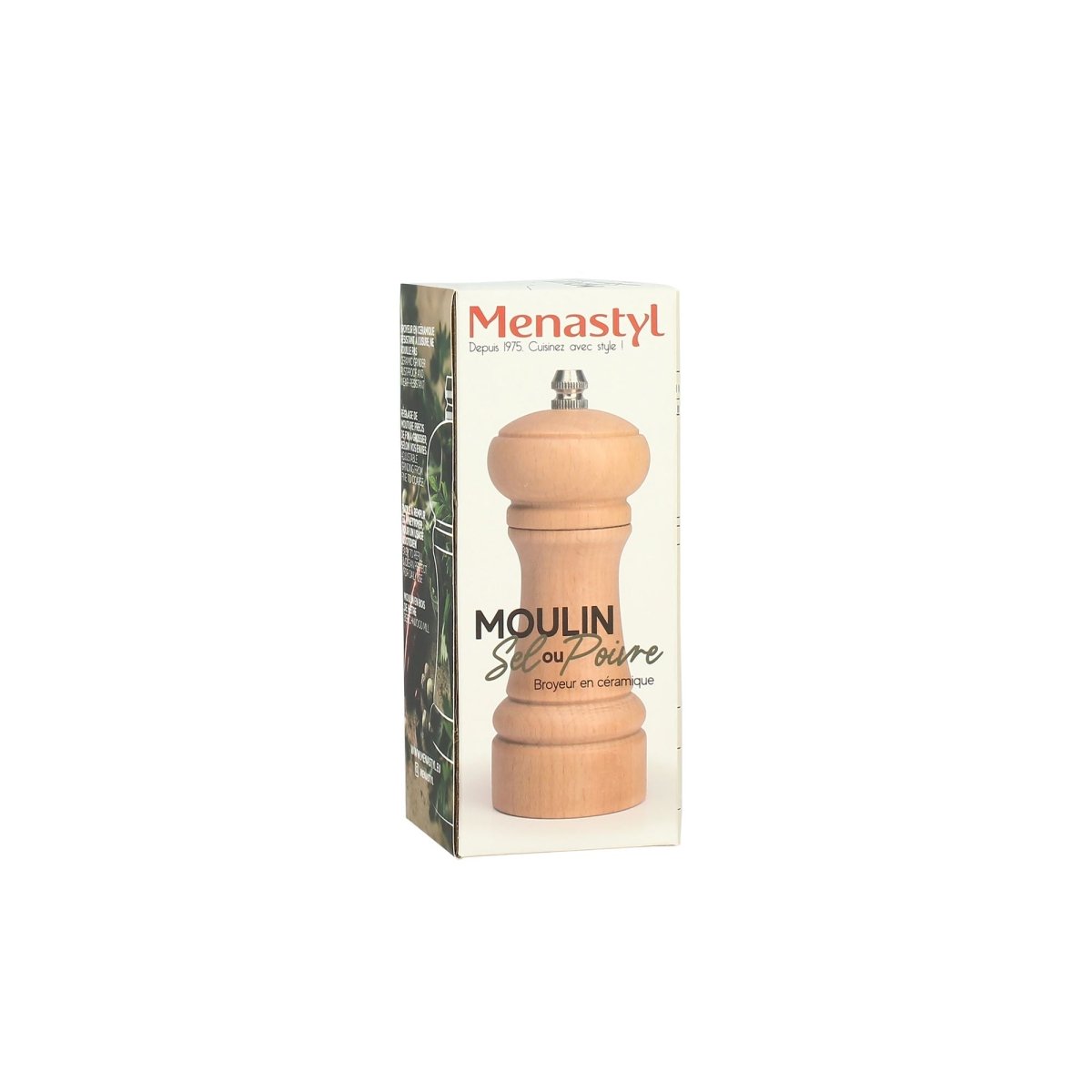 Packaging du moulin sel et poivre Menastyl 14cm, boîte crème montrant le moulin en bois de hêtre avec broyeur céramique