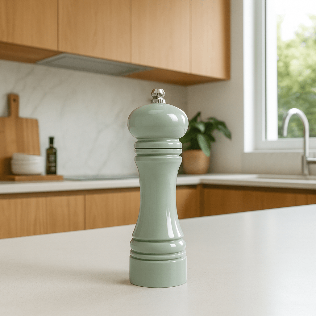 Moulin à poivre céramique vert sauge 18,5 cm posé sur plan de travail blanc dans cuisine moderne