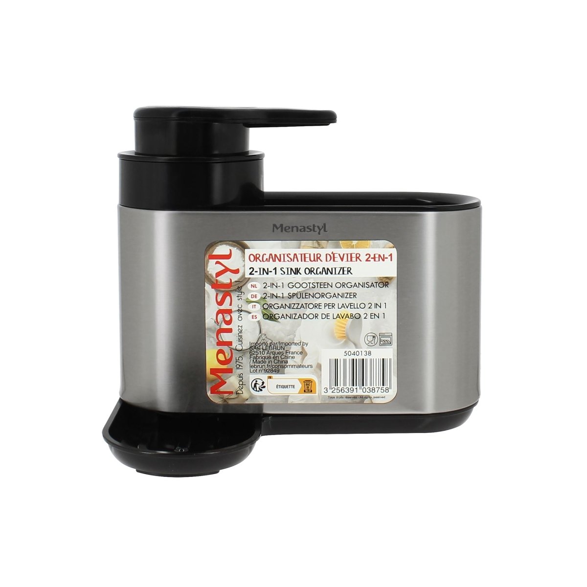Organisateur d'évier 2 en 1 en inox et plastique noir avec porte-savon et distributeur, vue latérale