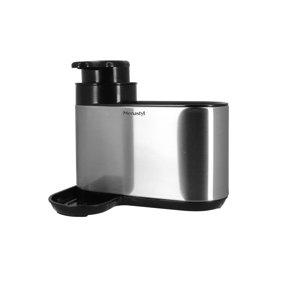 Organisateur d'évier 2 en 1 Menastyl en inox brossé avec distributeur de savon noir et porte-éponge intégré
