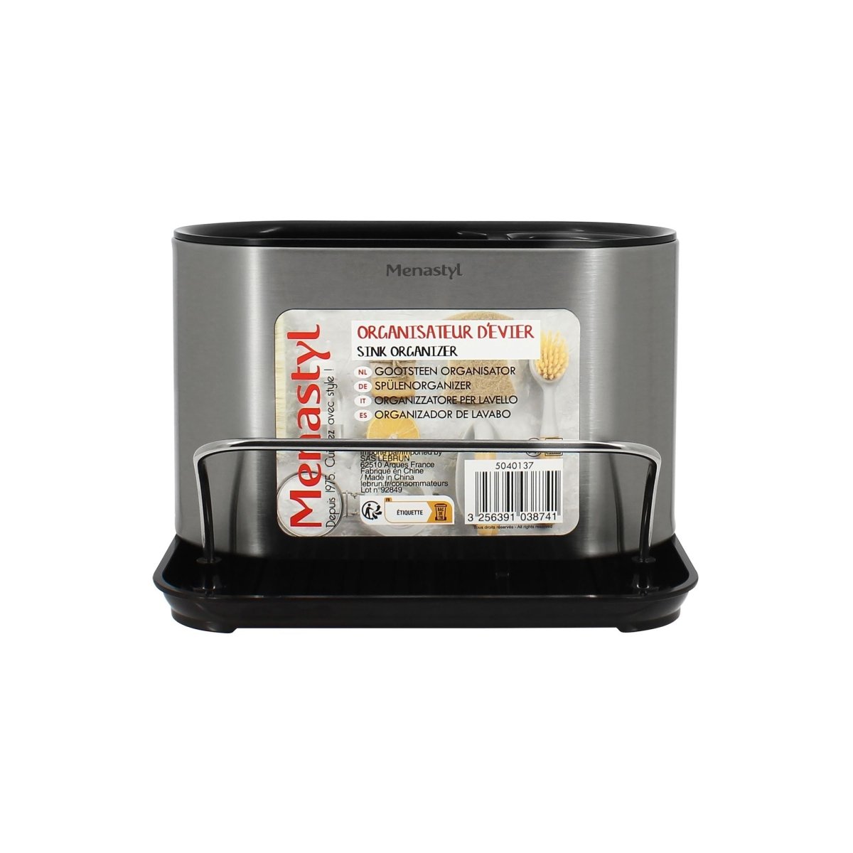 Organiseur cuisine inox et noir en vue frontale, compartiments pour ustensiles et base récupérateur d'eau