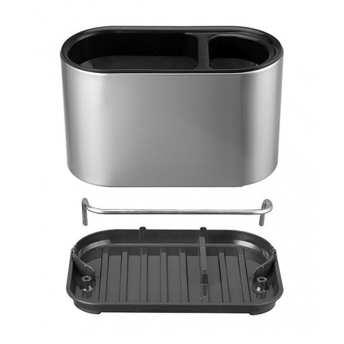 Organiseur cuisine inox démonté montrant bac égouttoir plastique, barre support et compartiments de rangement