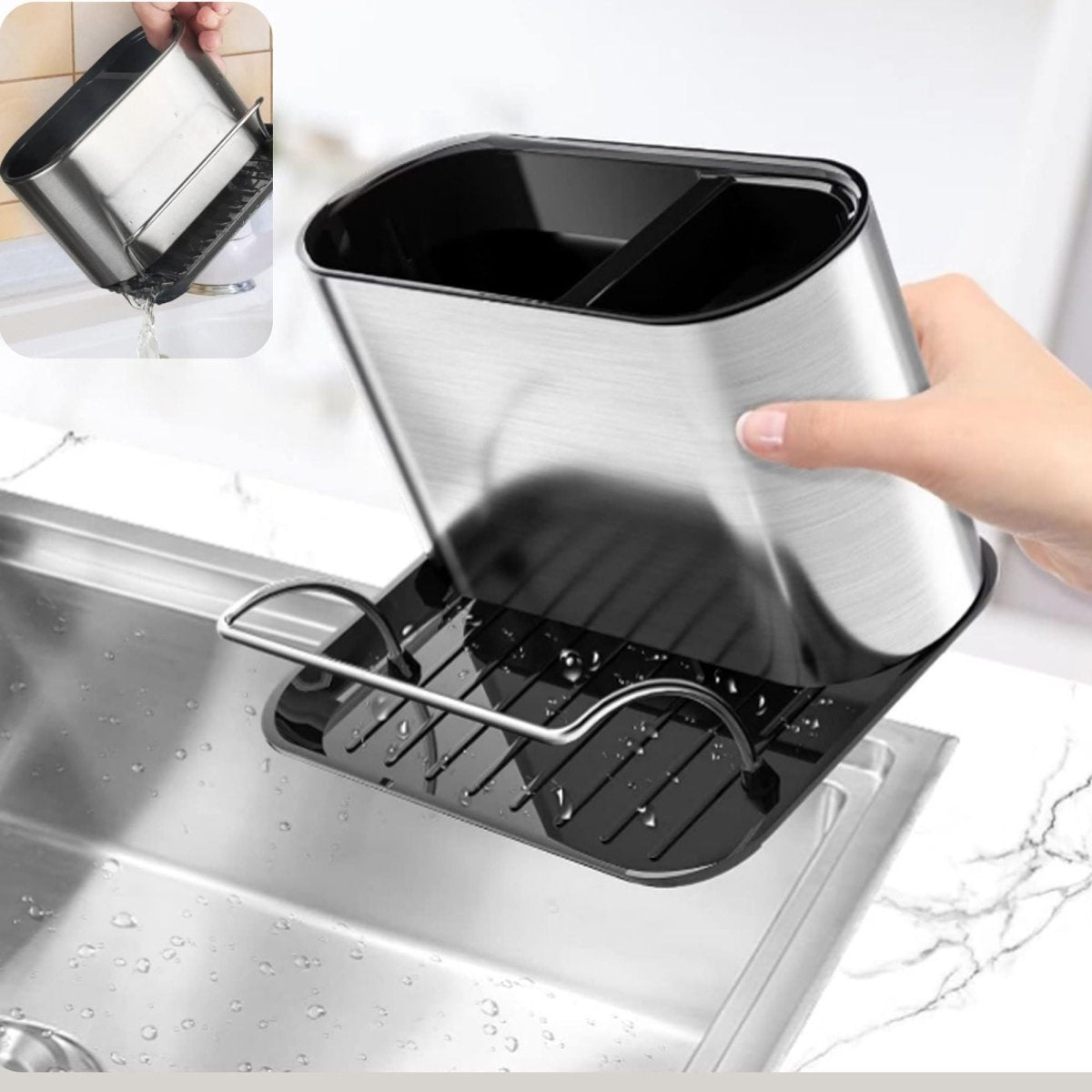 Organiseur cuisine en inox brossé avec compartiments noirs, posé sur évier, vue de trois quarts détaillée