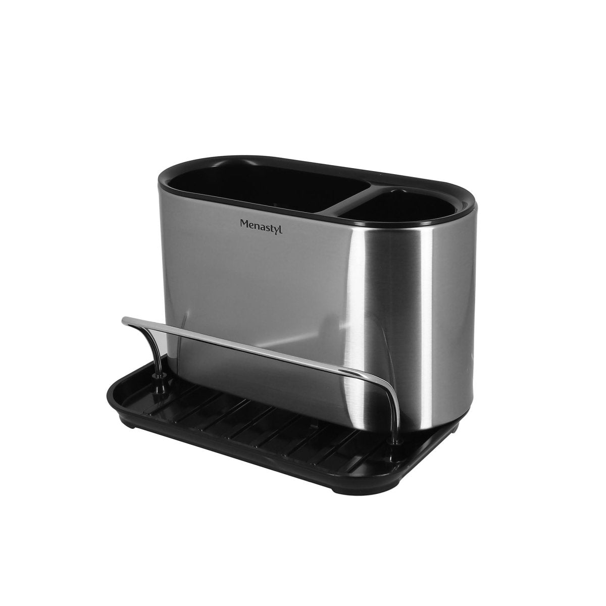 Organiseur cuisine Menastyl en inox brossé et plastique noir avec compartiments et égouttoir, vue de trois quarts