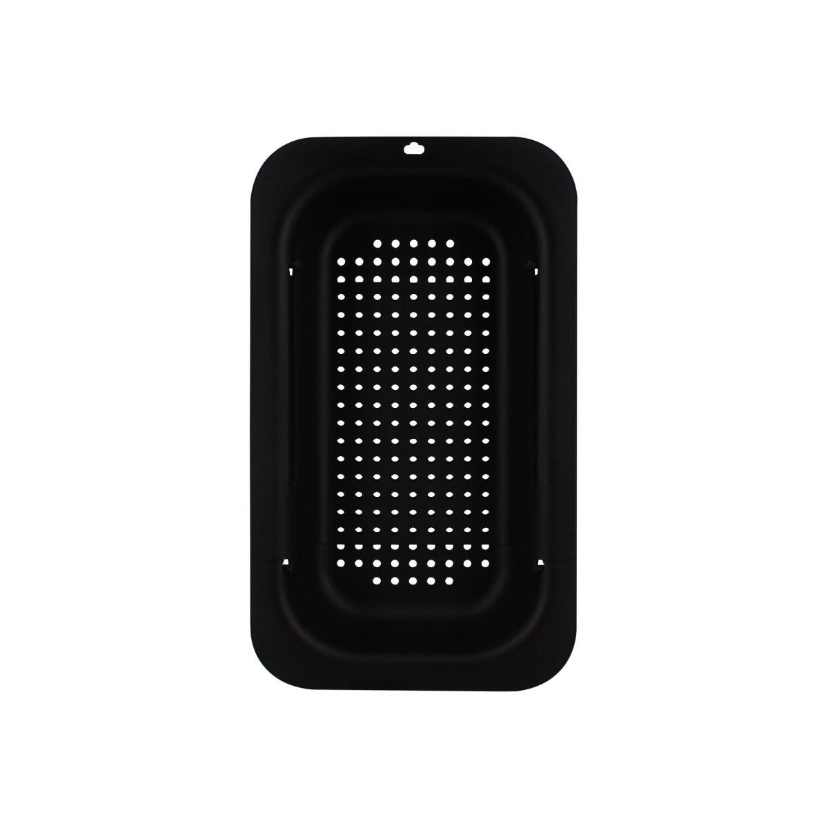 Panier égouttoir extensible en polypropylène noir avec surface perforée en inox, vue de dessus