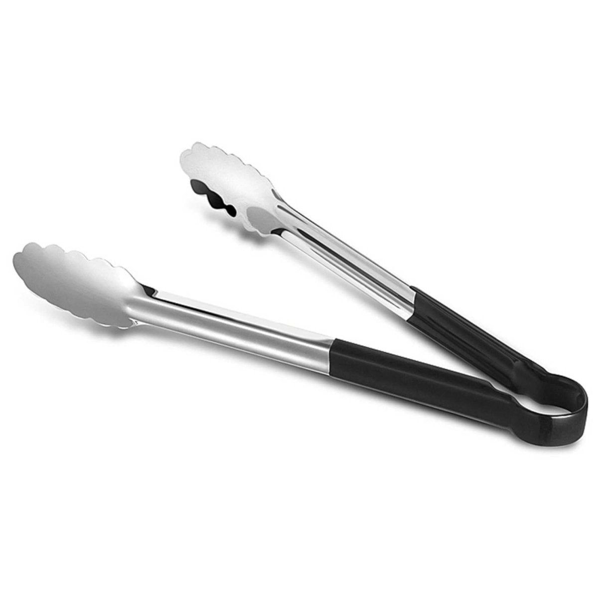 Pince de cuisine 30cm en inox et PVC noir, vue en contre-plongée sur fond blanc