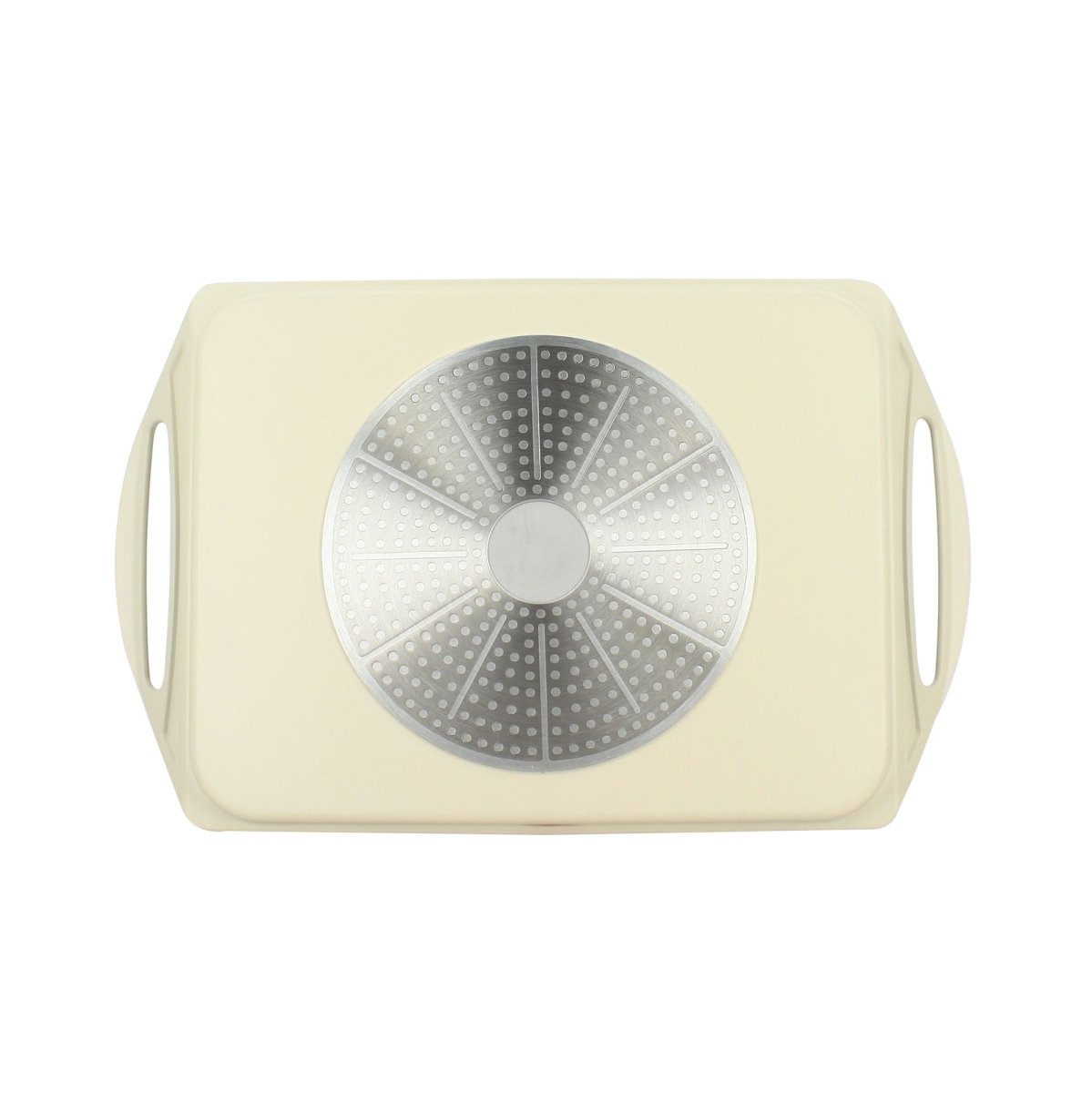 Vue de dessus plaque de cuisson Pure crème 44x27cm en fonte d'aluminium, fond rainuré compatible induction avec anses
