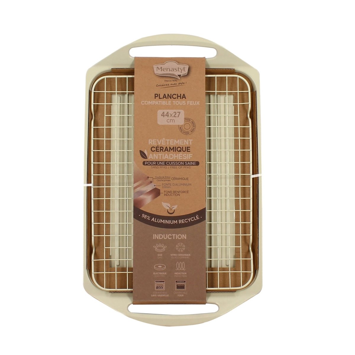 Plaque de cuisson Pure en fonte d'aluminium crème avec emballage carton, vue de dessus avec grille de protection