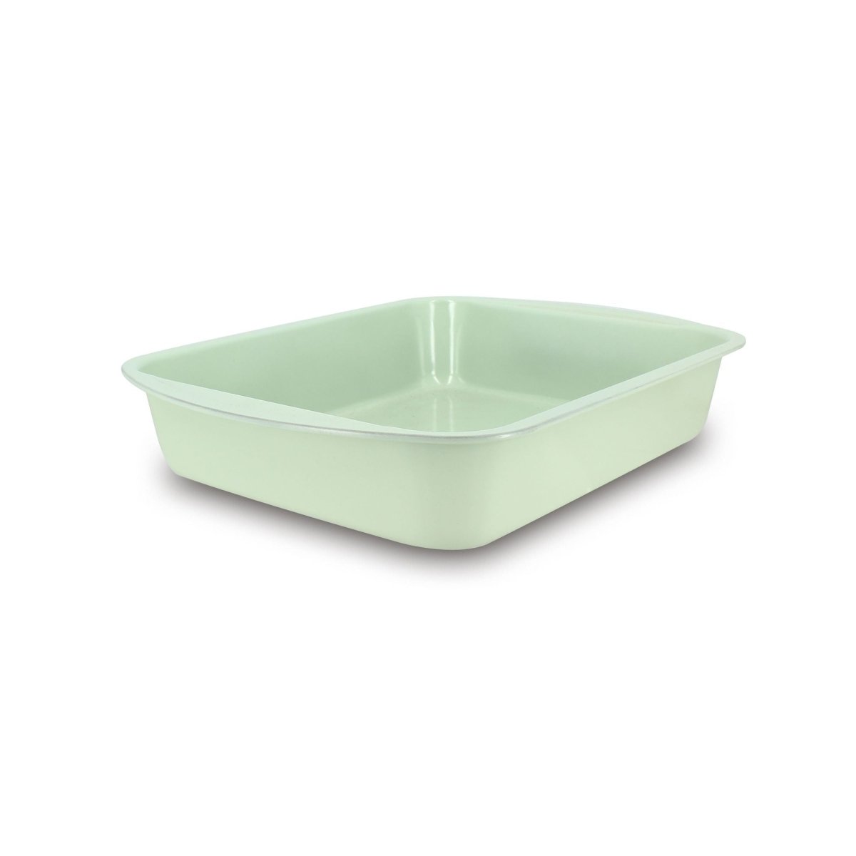 Plat à rôtir rectangulaire 35x27cm en acier carbone vert menthe Menastyl, vue trois quarts sur fond blanc