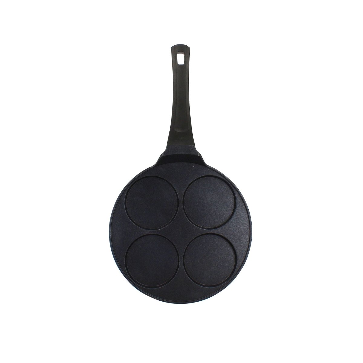 Poêle à pancake 26cm noire en aluminium 4 empreintes rondes Menastyl, vue de dessus sur fond blanc