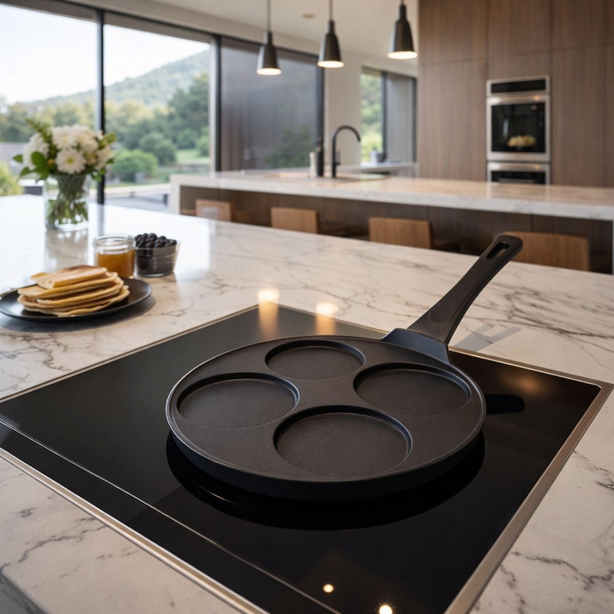 Poêle à pancake 4 cœurs en aluminium noir sur plaque induction, cuisine moderne avec plan marbre