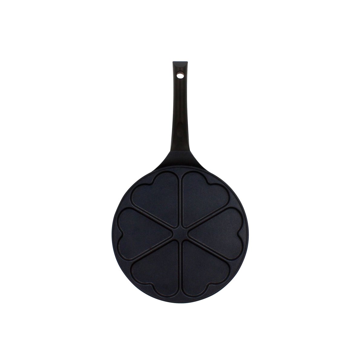 Poêle à pancakes 26cm Menastyl en aluminium noir, 6 empreintes cœur, vue de dessus avec manche