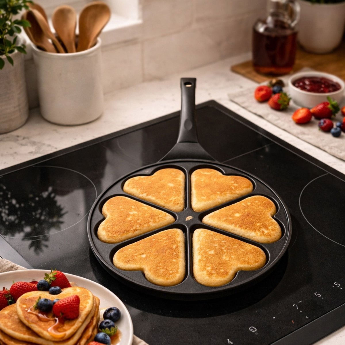 Poêle à pancake 6 cœurs dorés sur plaque induction, fraises et myrtilles en arrière-plan