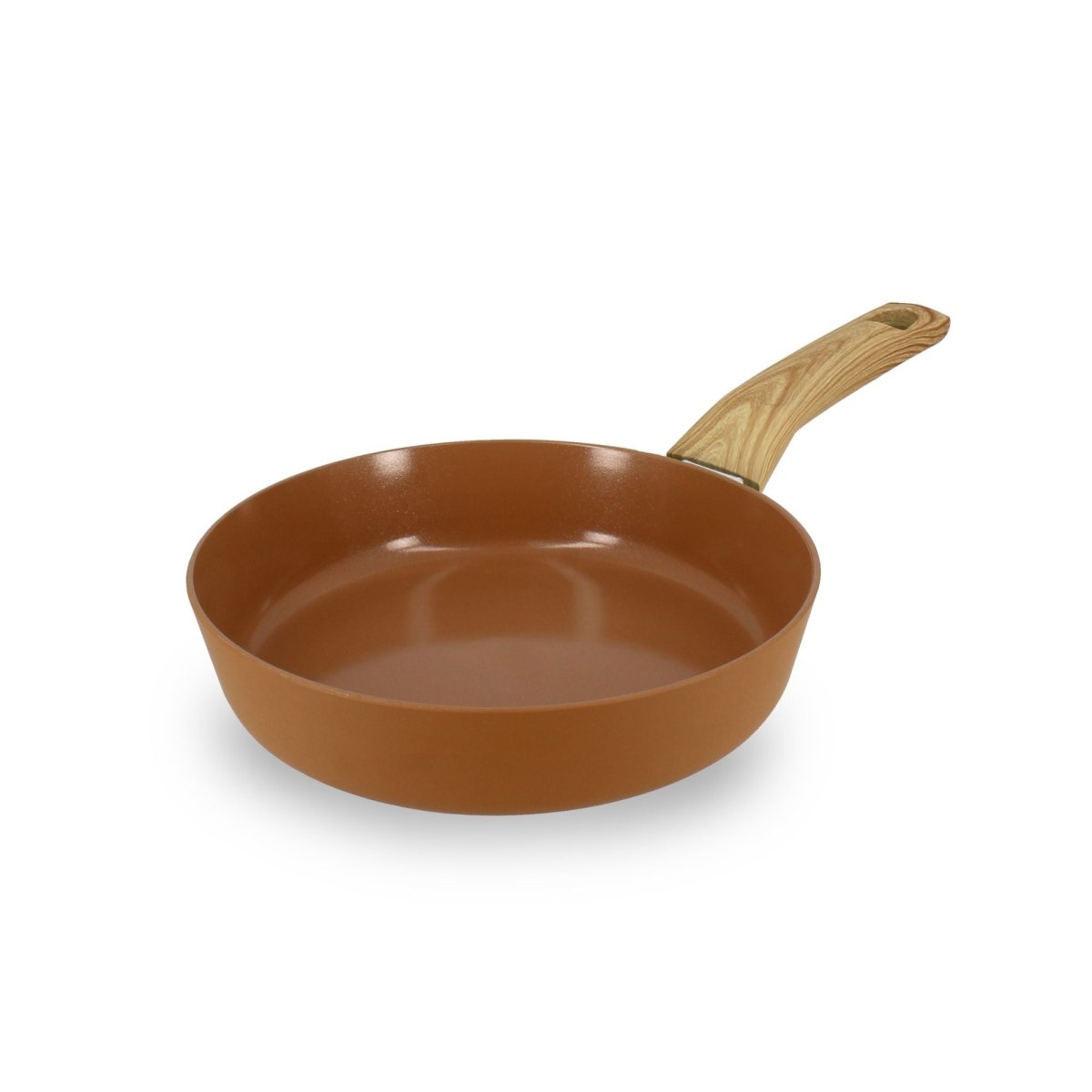 Poêle Colorama 20 cm couleur terracotta avec manche bois, vue inclinée sur fond blanc