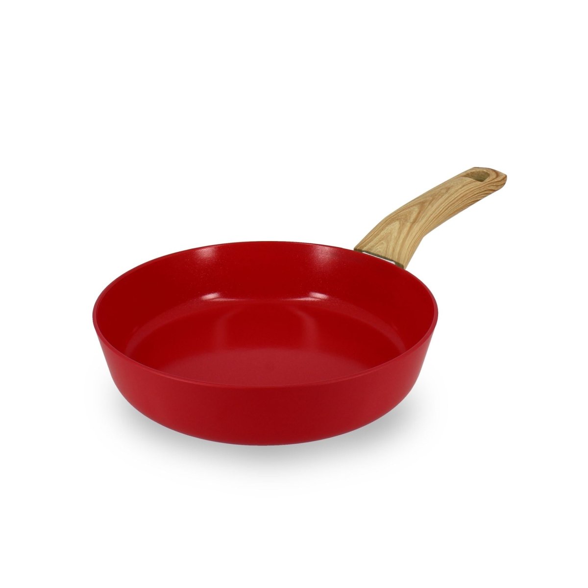 Poêle Colorama rouge 20 cm avec manche en bois, vue de trois-quarts sur fond blanc