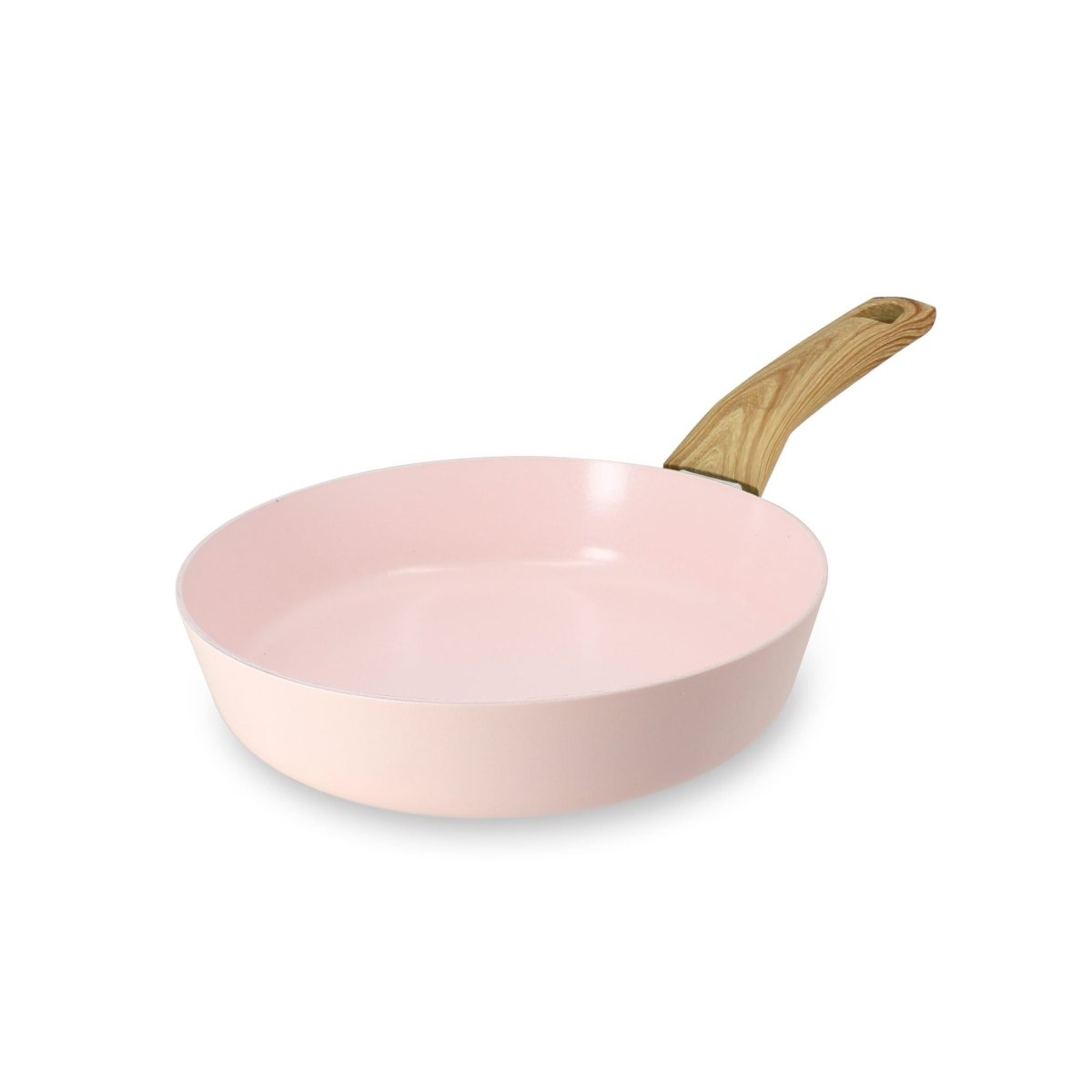 Poêle Colorama 20 cm rose pastel avec manche en bois, vue de trois quarts sur fond blanc
