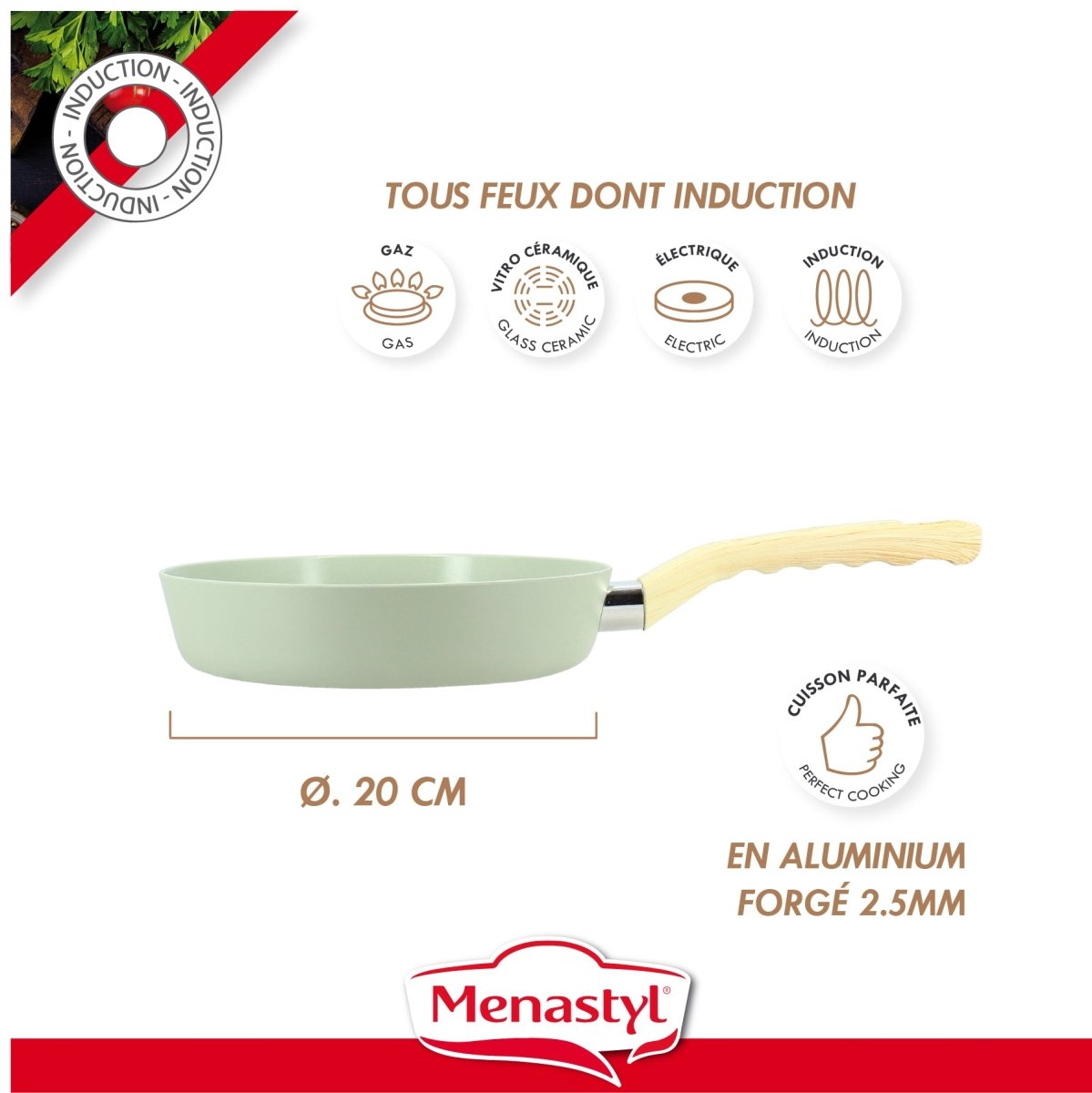Poêle Colorama 20cm céladon avec manche bois, compatible tous feux dont induction, aluminium forgé 2.5mm