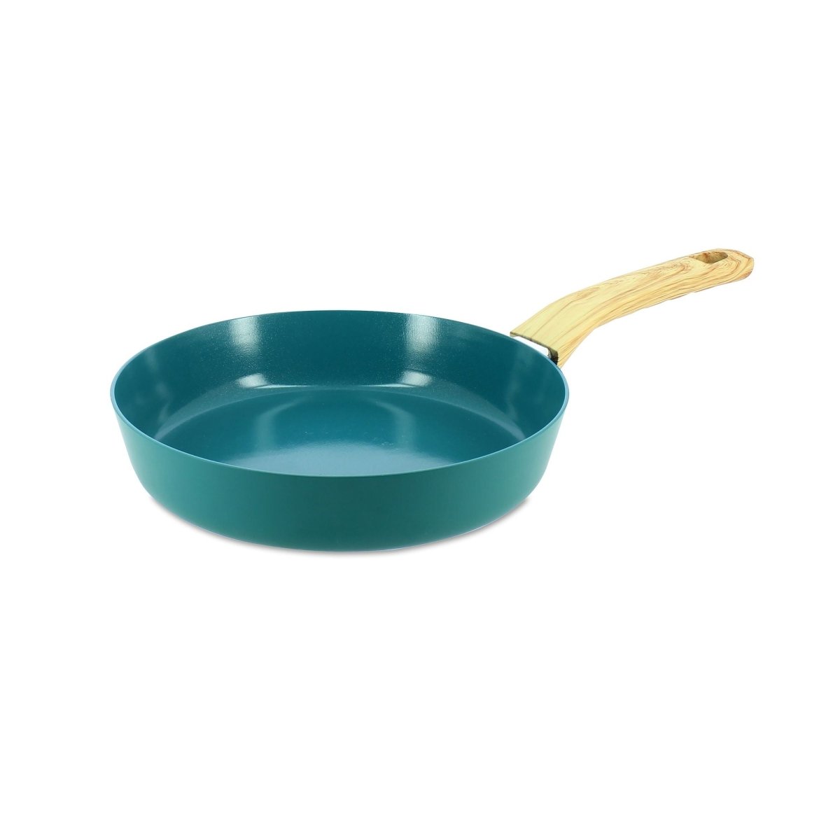 Poêle Colorama 20 cm céladon avec manche bois clair, vue de trois-quarts sur fond blanc