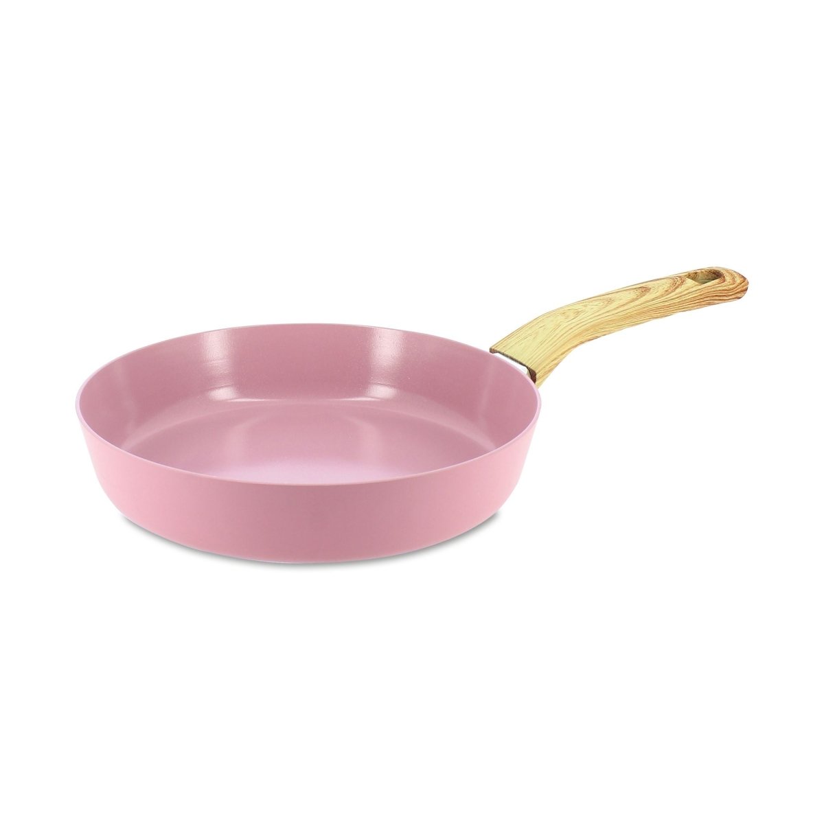 Poêle Colorama 20 cm rose pastel avec manche en bois, vue de trois-quarts sur fond blanc