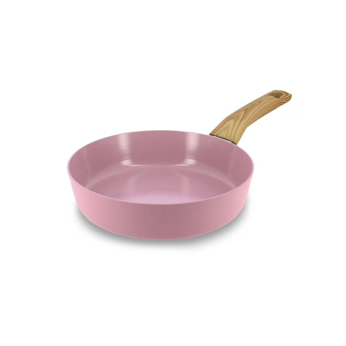 Poêle Colorama 20 cm rose avec manche en bois, vue trois quarts sur fond blanc