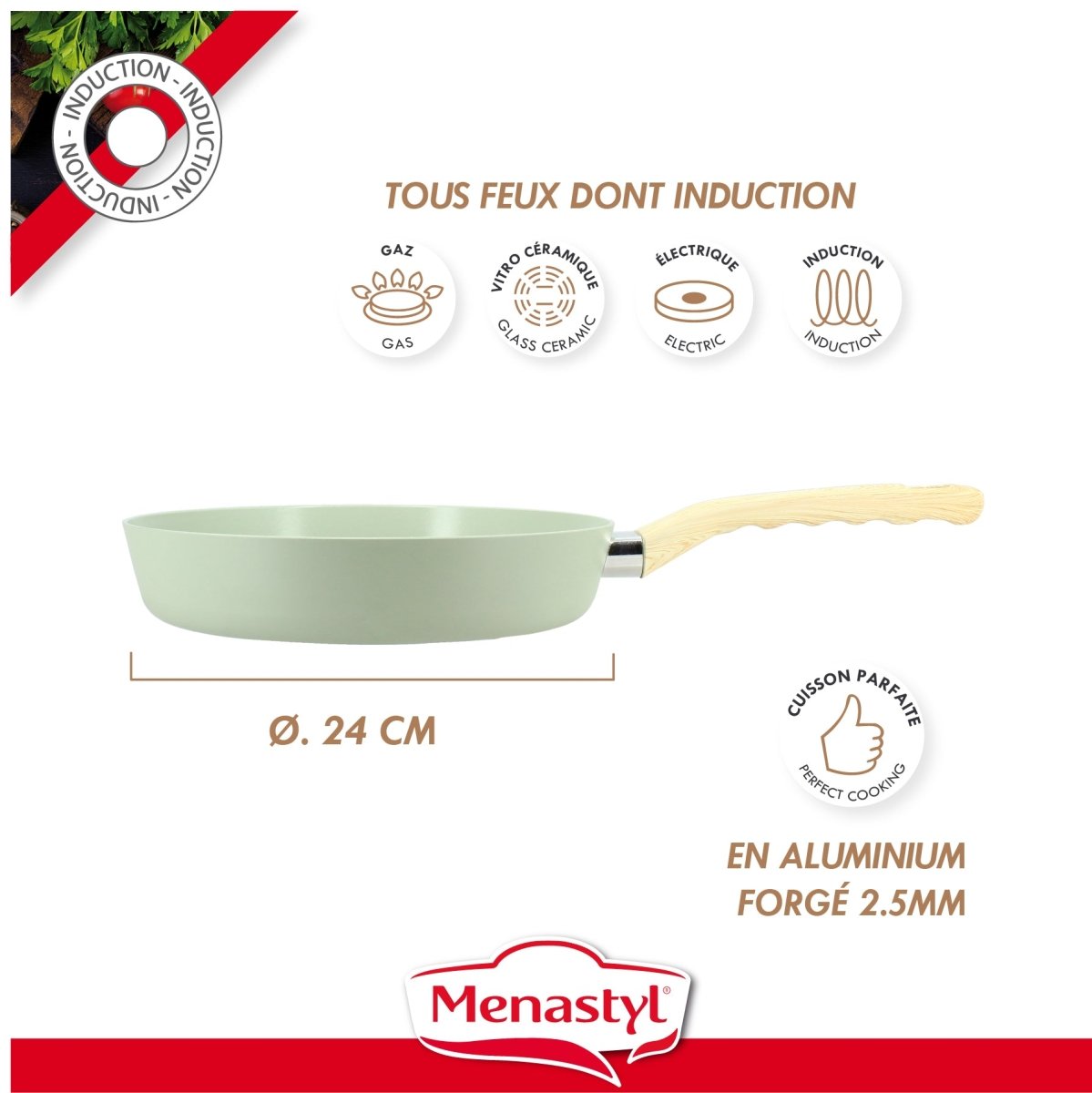 Poêle Colorama 24cm céladon compatible tous feux dont induction, aluminium forgé 2.5mm avec pictogrammes de compatibilité