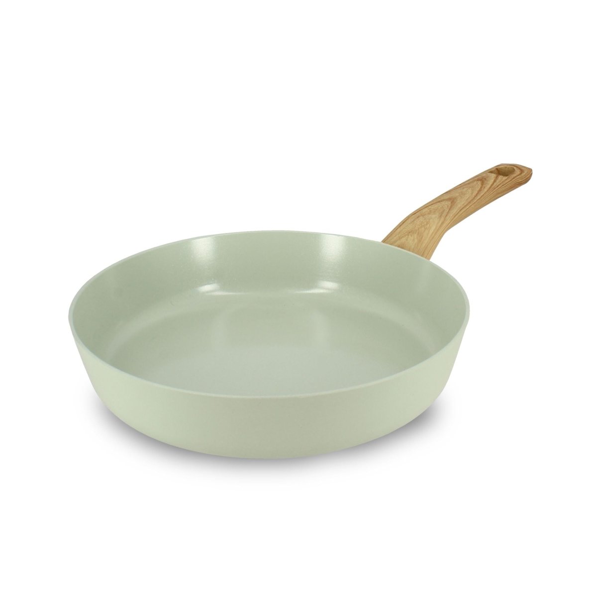 Poêle Colorama 24 cm Menastyl en aluminium vert céladon avec manche bois, vue de trois quarts