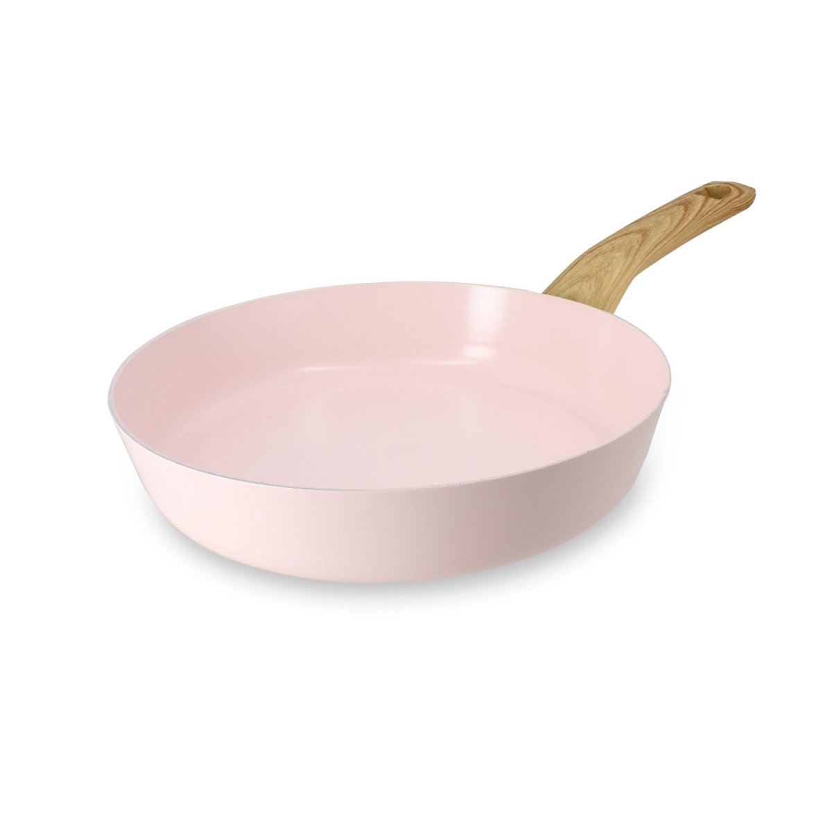 Poêle Colorama 24 cm rose pastel avec manche en bois, vue de trois-quarts sur fond blanc